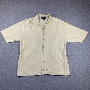 Vintage Y2K Knit Button Up Shirt Mens Large L Beige Stripe Short Sleeve Beachy